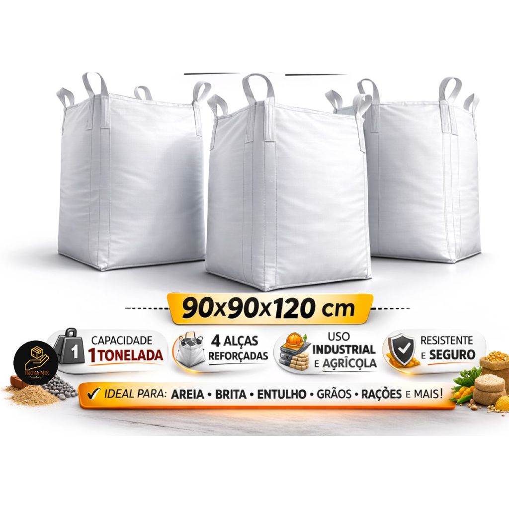 3 Saco Big Bag Resistente Base Fechada Boca Aberta 1000kg C1com 3un ENTULHOS E GRÃOS RECICLAGEM