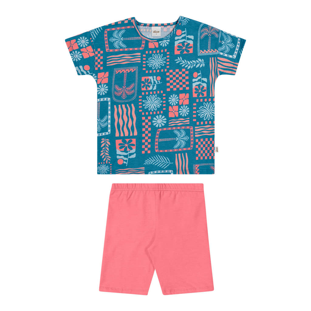 Conjunto Infantil Menina Tropical Geométrico Elian Azul em Oferta na Shopee