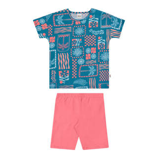 Conjunto Infantil Menina Tropical Geométrico Elian Azul em Oferta na Shopee
