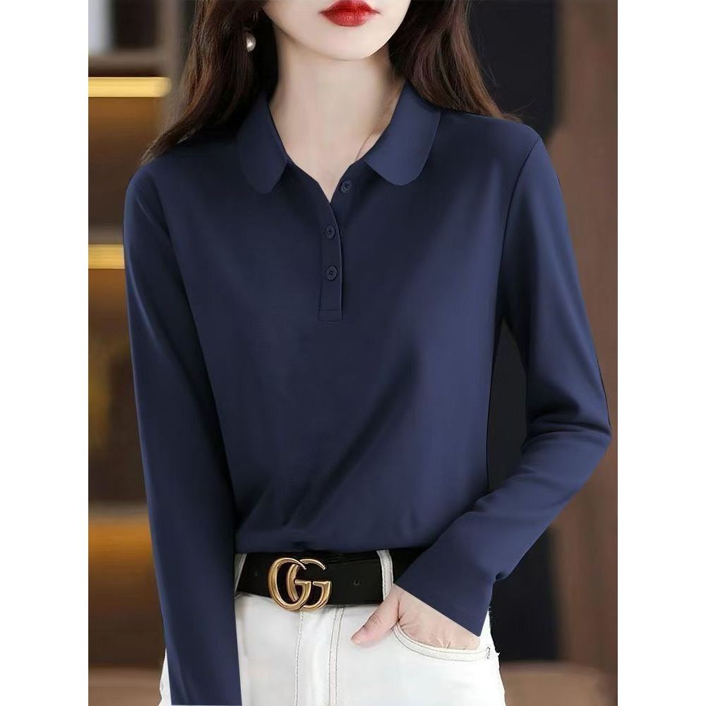 Estilo ocidental tamanho grande lapela polo topo primavera outono novo estilo algodão de manga comprida camiseta feminin