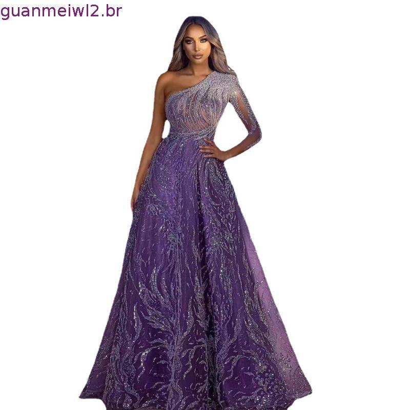 Vestido Longo Vestido de Noite Vestido de Noite Feminino Vestido de Lantejoulas com Manga Aberta Vestido com Fenda Vesti