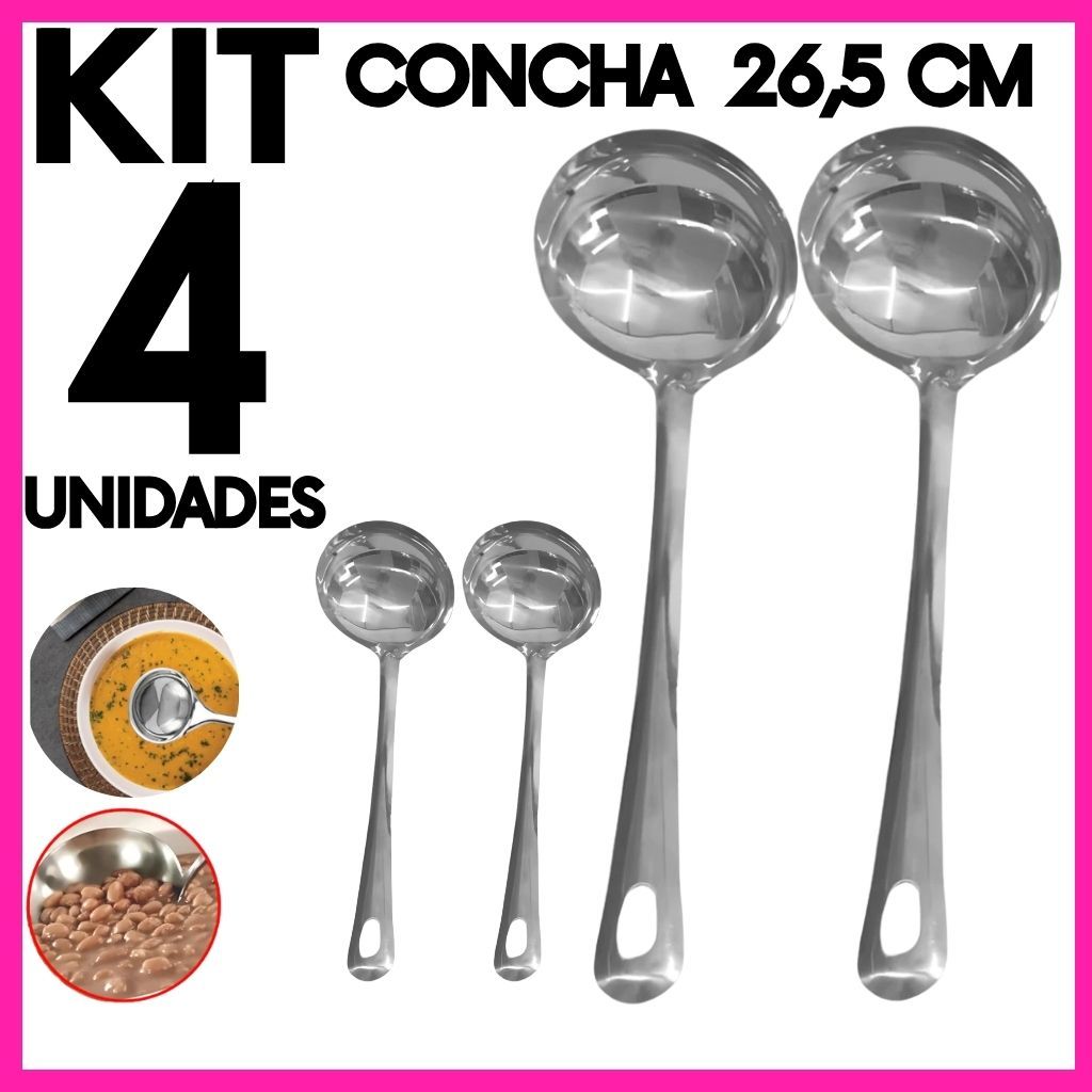 Kit 4 Concha de Feijão Inox 23,7cm – Concha Inox Grande para Sopa Caldo Feijoada Cozinha