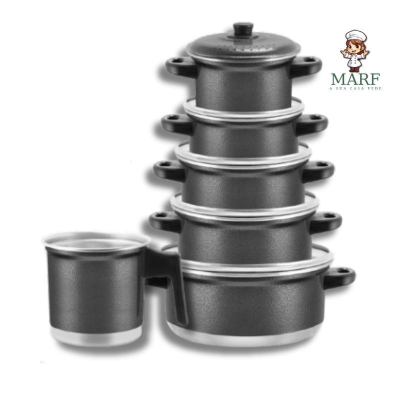 Conjunto 6 peças de Panelas de Aluminio C/ Fervedor Reforçado Crequeado preto - Kit de Panelas