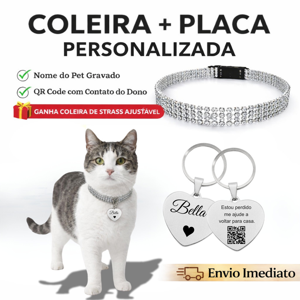 Kit Coleira Pet Gatos Plaquinha Personalizada QR Code Nome Identificação Strass Pingente Acessórios