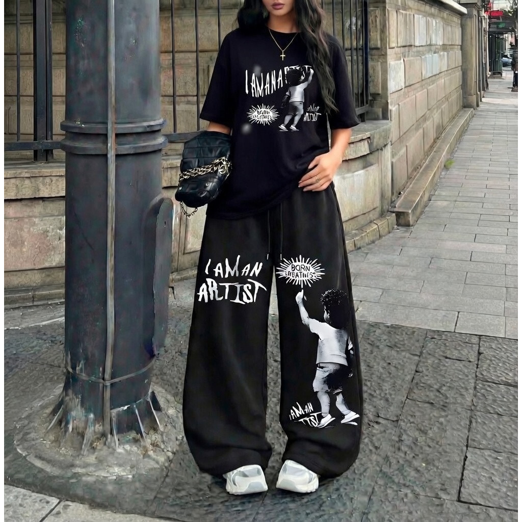 Conjunto Fashion Streetwear Camiseta Oversized Artist + Calça Moletom Wide Leg