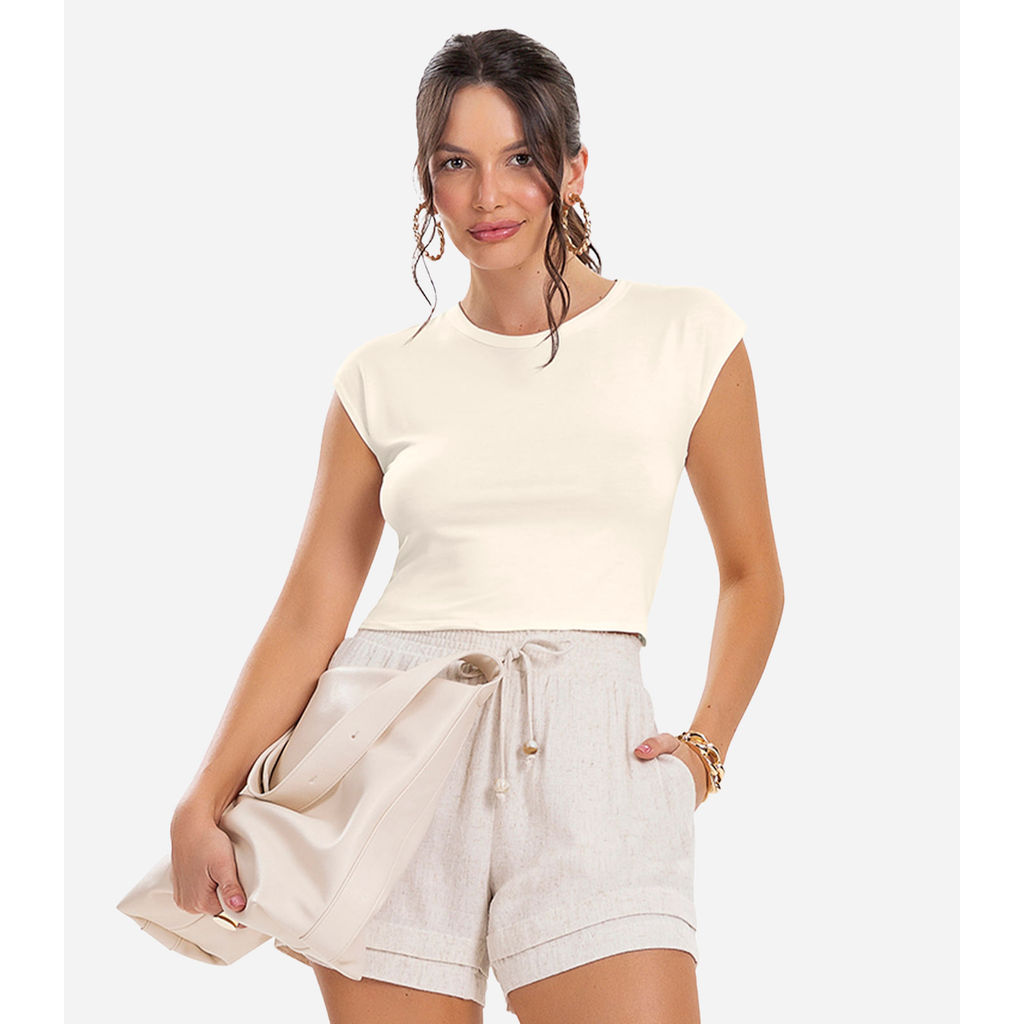 Blusa Básica Feminina Viscotorcion Rovitex Bege em Oferta na Shopee