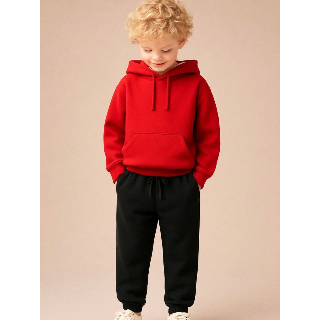 Conjunto Moletom Infantil Liso Flanelado Blusa de Frio Casual Canguru + Calça Blusao Com Capuz