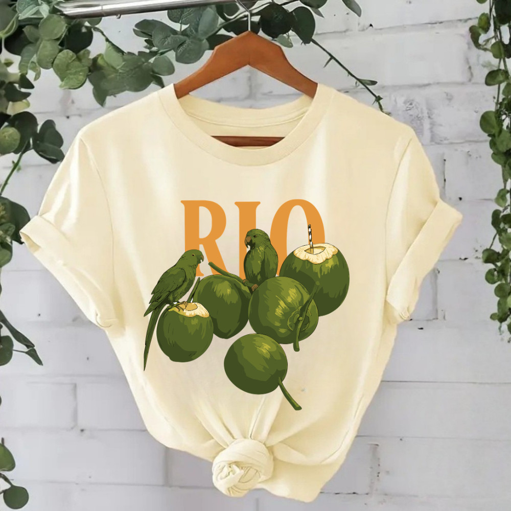Camiseta Feminina Básica 100% Algodão Confortável Casual T-shirt Tropical "RIO COCO" em Oferta na Shopee