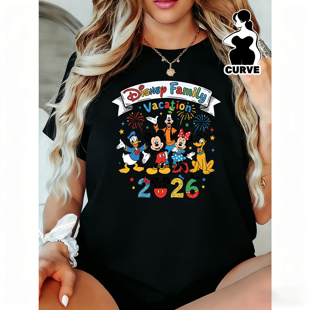 Camiseta Feminina Disney Family Vacation com Personagens Mickey Minnie Goofy Donald Pluto Cores Vividas Fofa Estilo Infa
