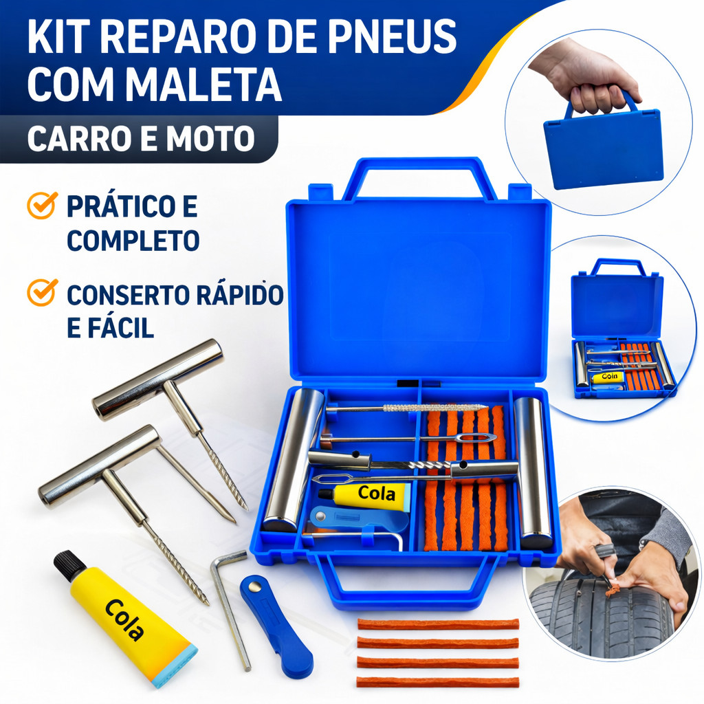 Maleta Kit Reparo Pneu Macarrão Remendo Carro Moto Sem Câmara