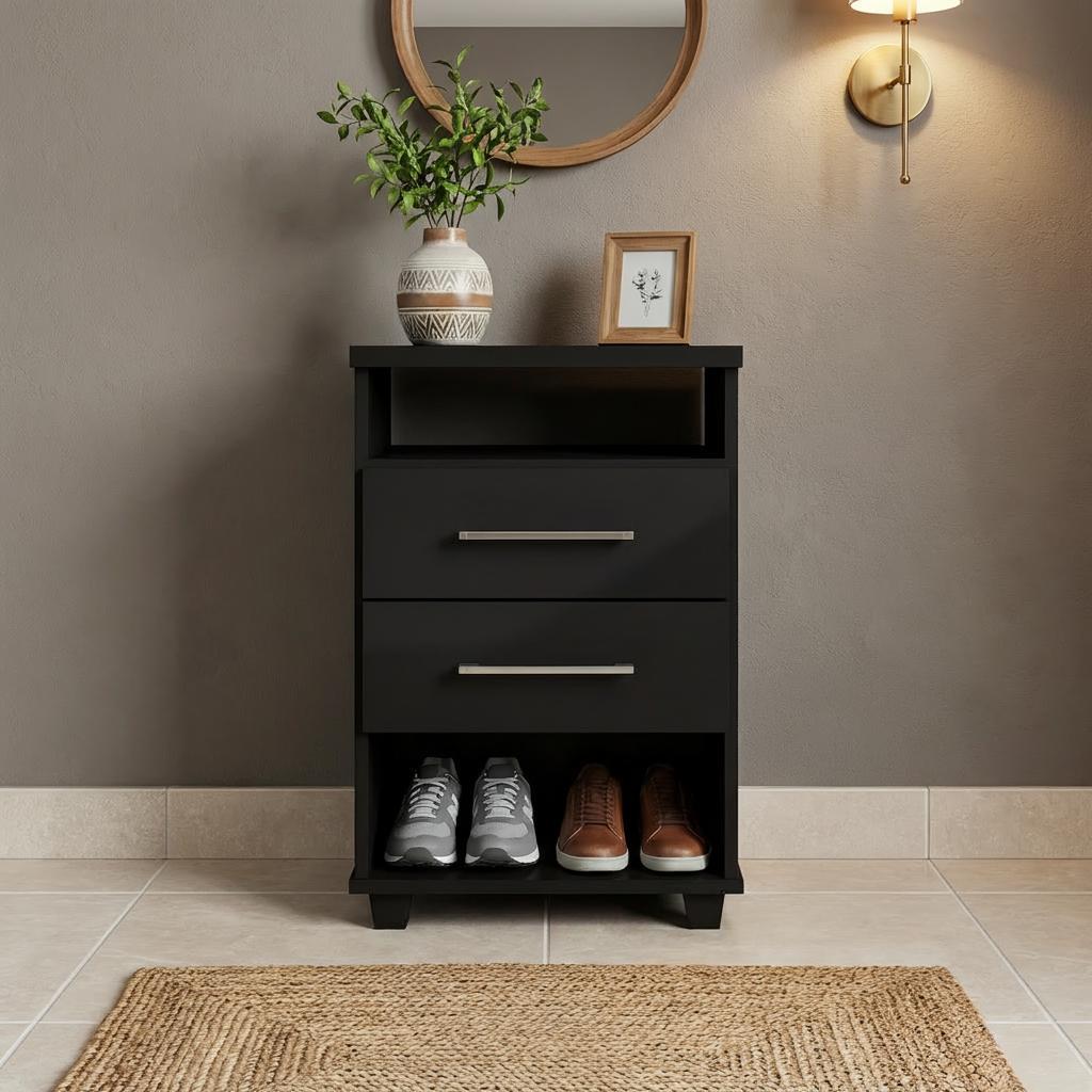 Mini Cômoda com Gavetas  e 2 Nichos Multiuso Preto Repleta