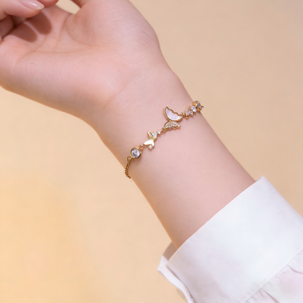 Pulseira De Borboleta De Concha Branca Vnox Para Mulheres E Meninas, Elo De Corrente Cúbica De Zircônia Banhada A Ouro · foto 2