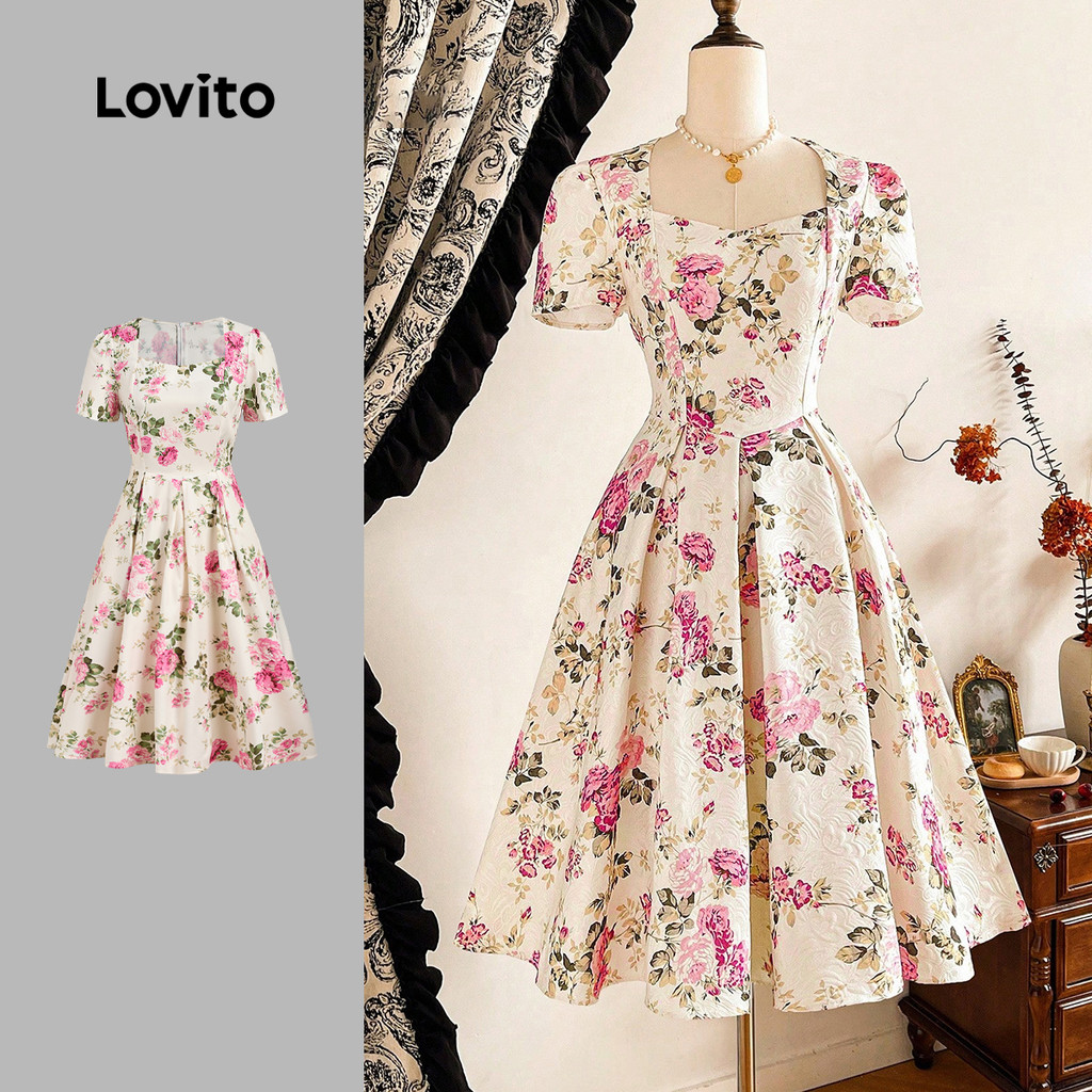 Lovito  Padrão de Vestido Elegante com Zíper Vestido Plissado Primavera/verão para Mulheres. LBL33264 em Oferta na Shopee