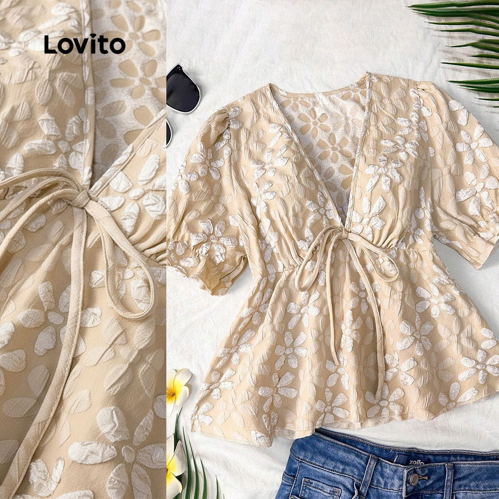 Lovito Blusa elegante com babados primavera/verão blusa damasco para mulheres LK3LD358 em Oferta na Shopee