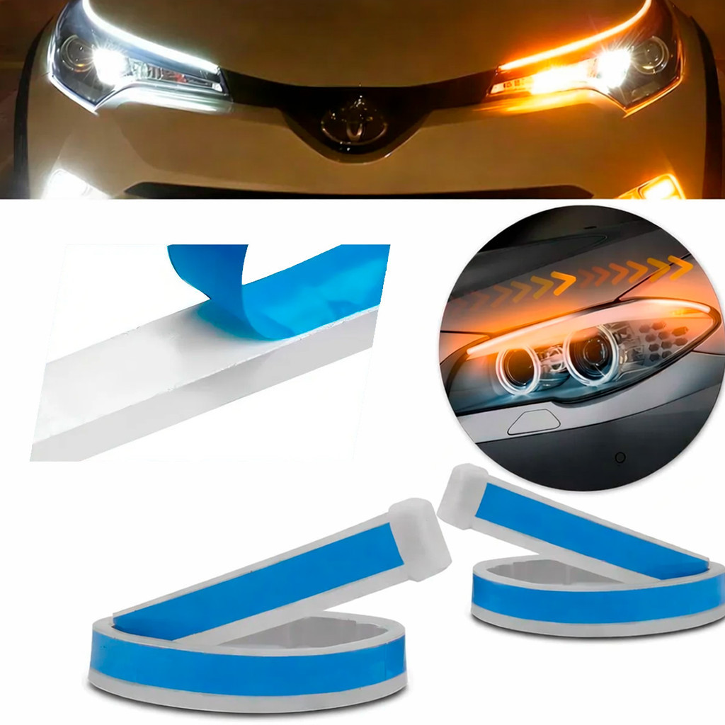 Kit Fita Led Farol Tunning Drl + Seta Sequencial 60cm Cor Da Luz 6000k Branca E 3000k Âmbar