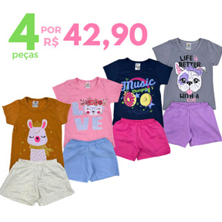 Kit 4 Peças 2 Conjunto Verão Roupa Infantil Menina Sortidos Camiseta + Shorts/Bermuda Estampado em Oferta na Shopee