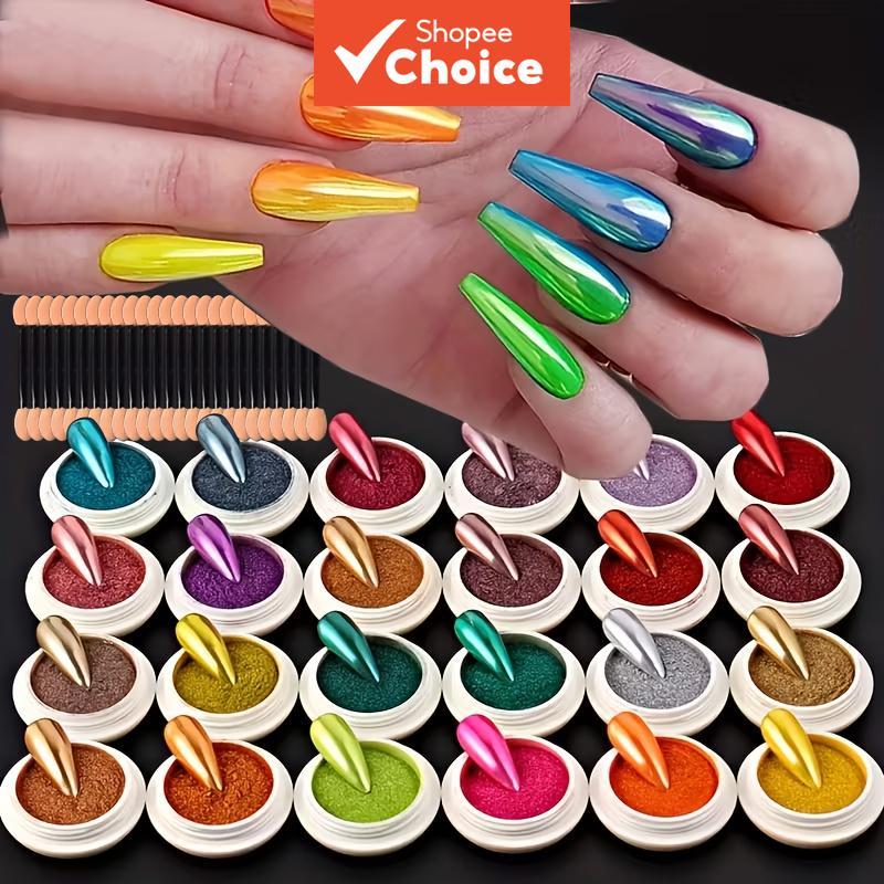 Pó de espelho mágico cromado para unhas 24 cores, com bastão de esponja, esmalte brilhante com efeito de fricção,