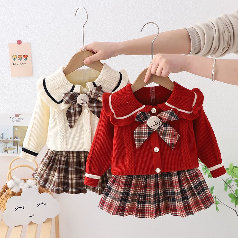 Vestido infantil conjunto de redes bacalhau Cardigan moda bacalhau meninas moda princesa lã jk primavera roupas 2026 cri