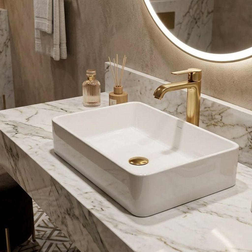 Cuba Sobrepor Banheiro Retangular Mármore Sintético Branca Lavabo Compacto Moderna Bancada