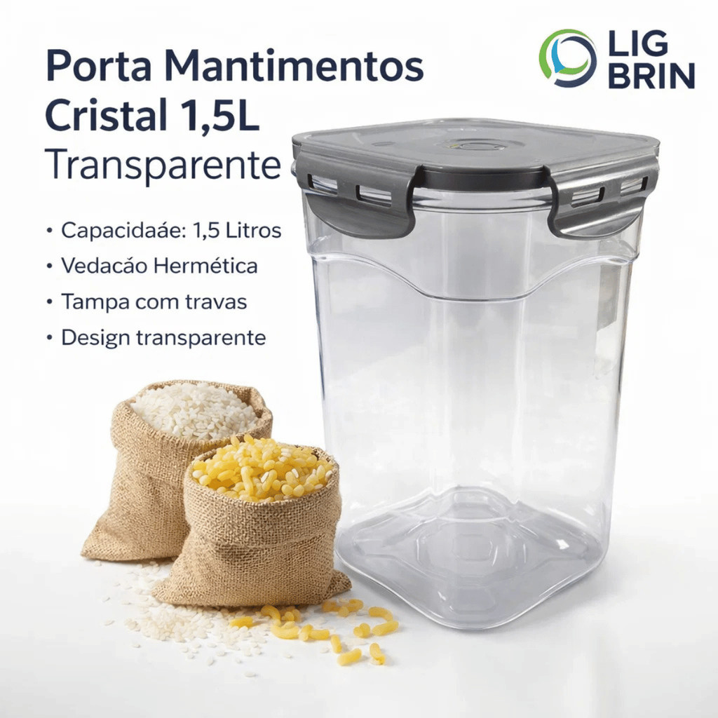 Porta Mantimentos Cristal 1,5L Transparente - Lig Brin / Organizador Microondas Freezer Hermético
