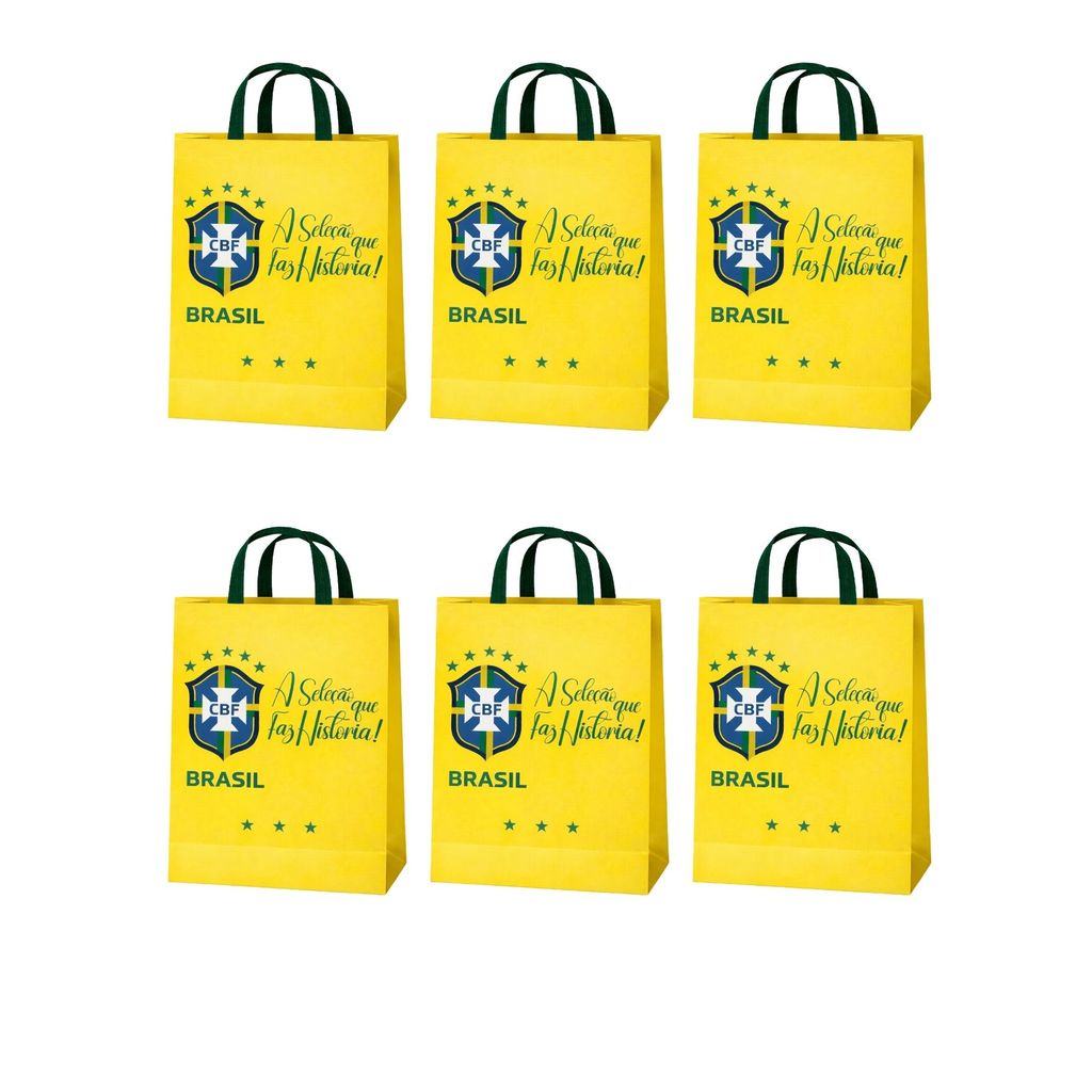 Kit 6 Sacolas Papel Off-Set C\ Alça Gorgurão Seleção Brasileira Presente Brasil