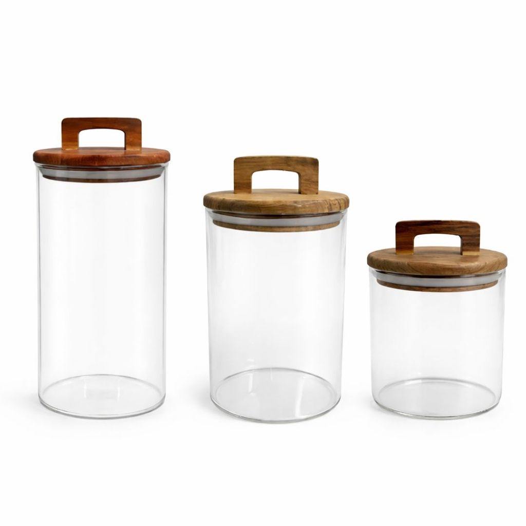Kit 3 Potes Vidro Borossilicato C/ Tampa Acácia - Vencedor em Oferta na Shopee