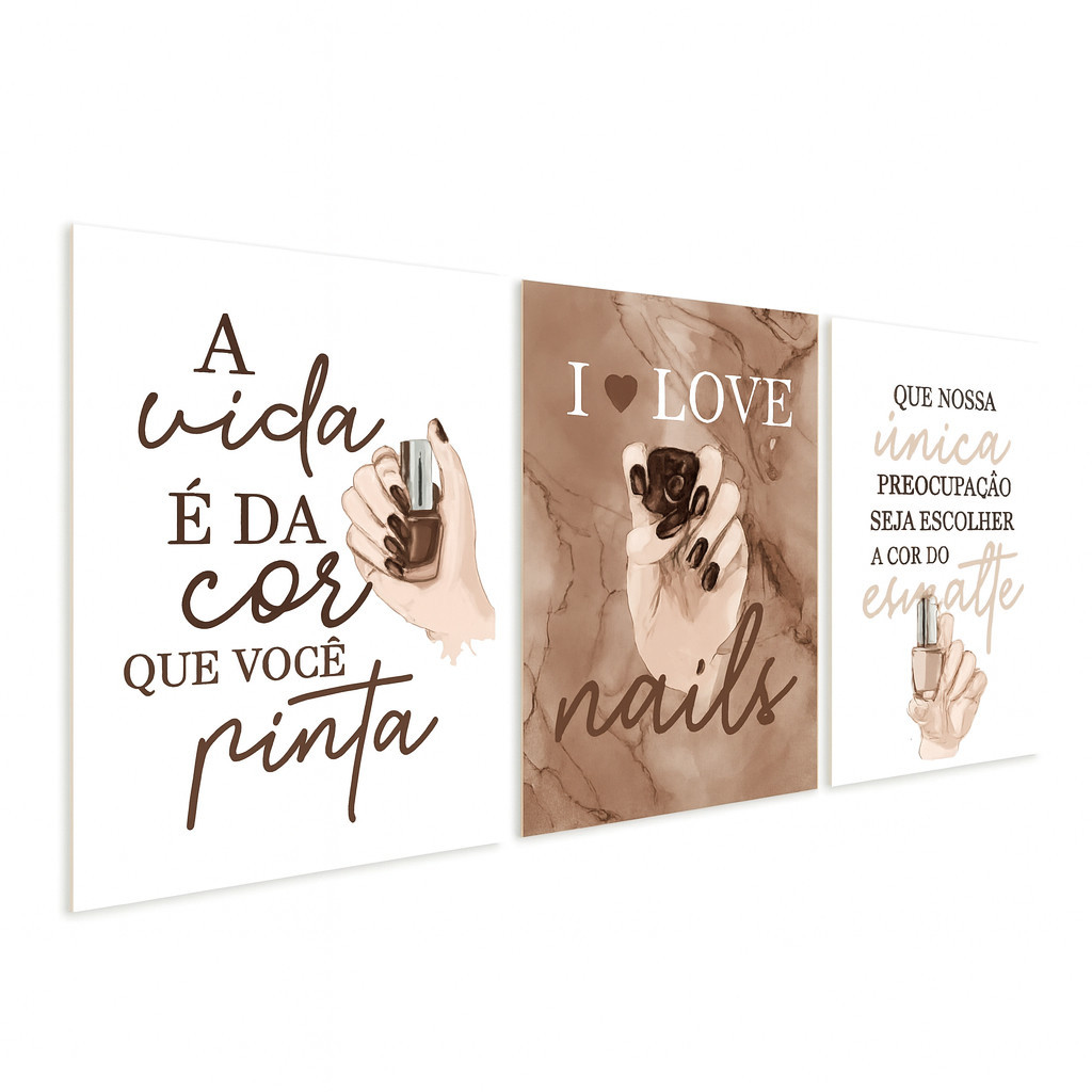 Kit 3 Placas Quadros Manicure Nails Esmalteria marrom
