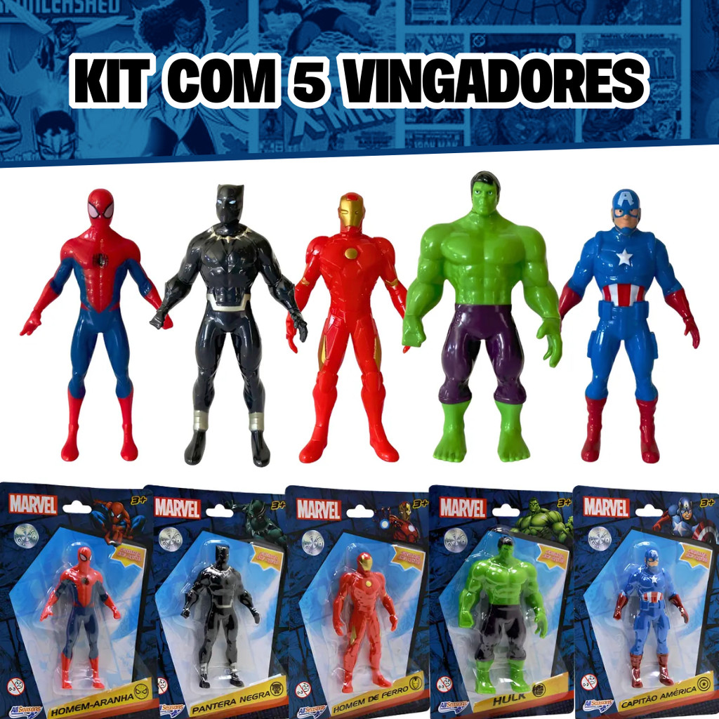 Kit 5 Bonecos Colecionáveis Marvel Avengers Vingadores Homem De Ferro Capitão América Homem Aranha Hulk e Pantera Negra