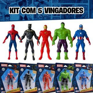 Kit 5 Bonecos Colecionáveis Marvel Avengers Vingadores Homem De Ferro Capitão América Homem Aranha Hulk e Pantera Negra