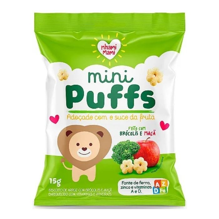 Biscoito de Arroz Mini Puffs Brócolis e Maçã Zero Glúten, Integral Nhami Mami 15g