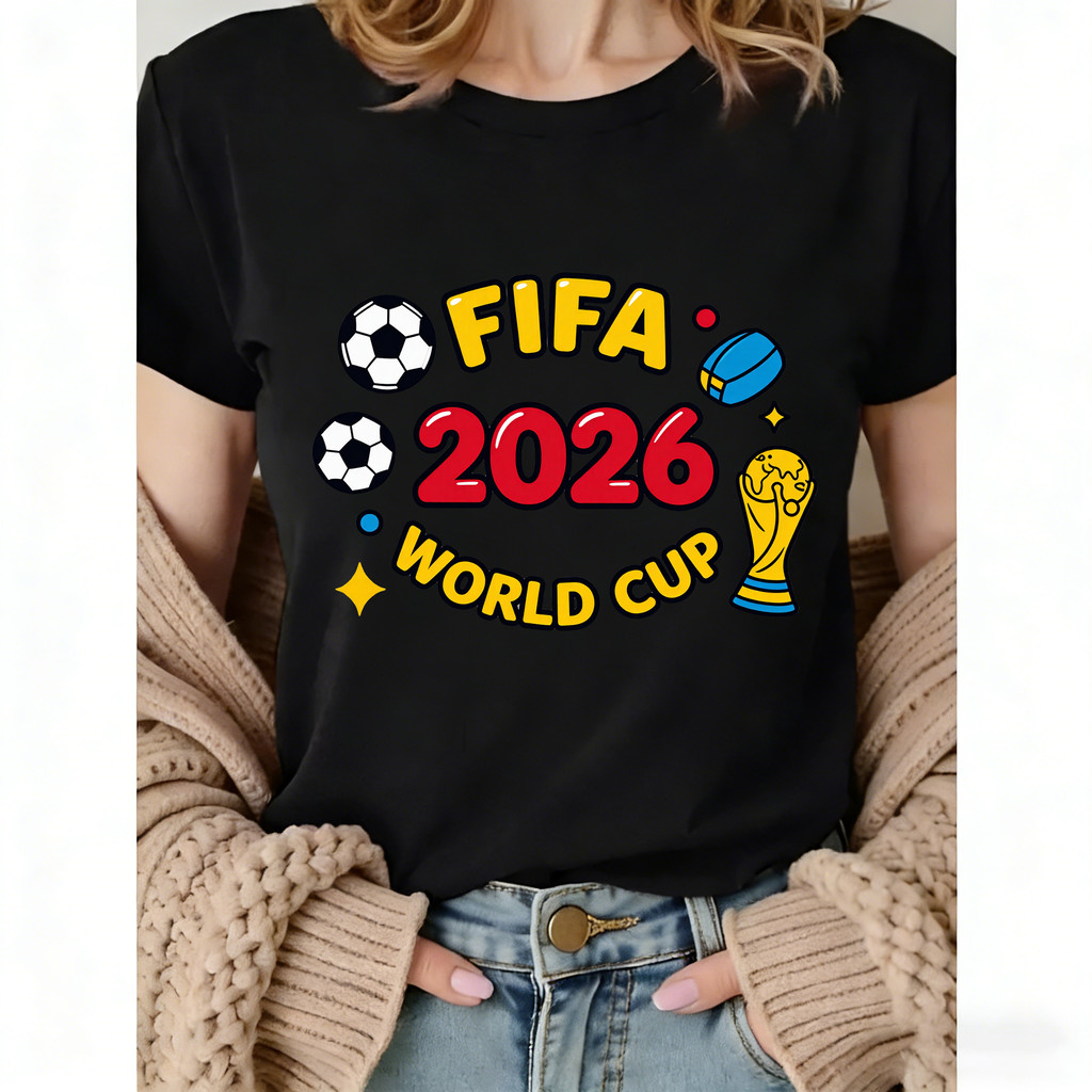 Camisa Do FIFA World Cup 2026, Design Com Bola De Futebol, Bola De Rugby, Troféu E Estrelas, Tamanhos Para Adultos E Cri
