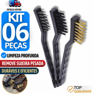 Conjunto 6 Escovas de Aço Multiuso Kit  Aços Latão Nylon Cabo Plástico Limpeza Pesada Escova de Aço