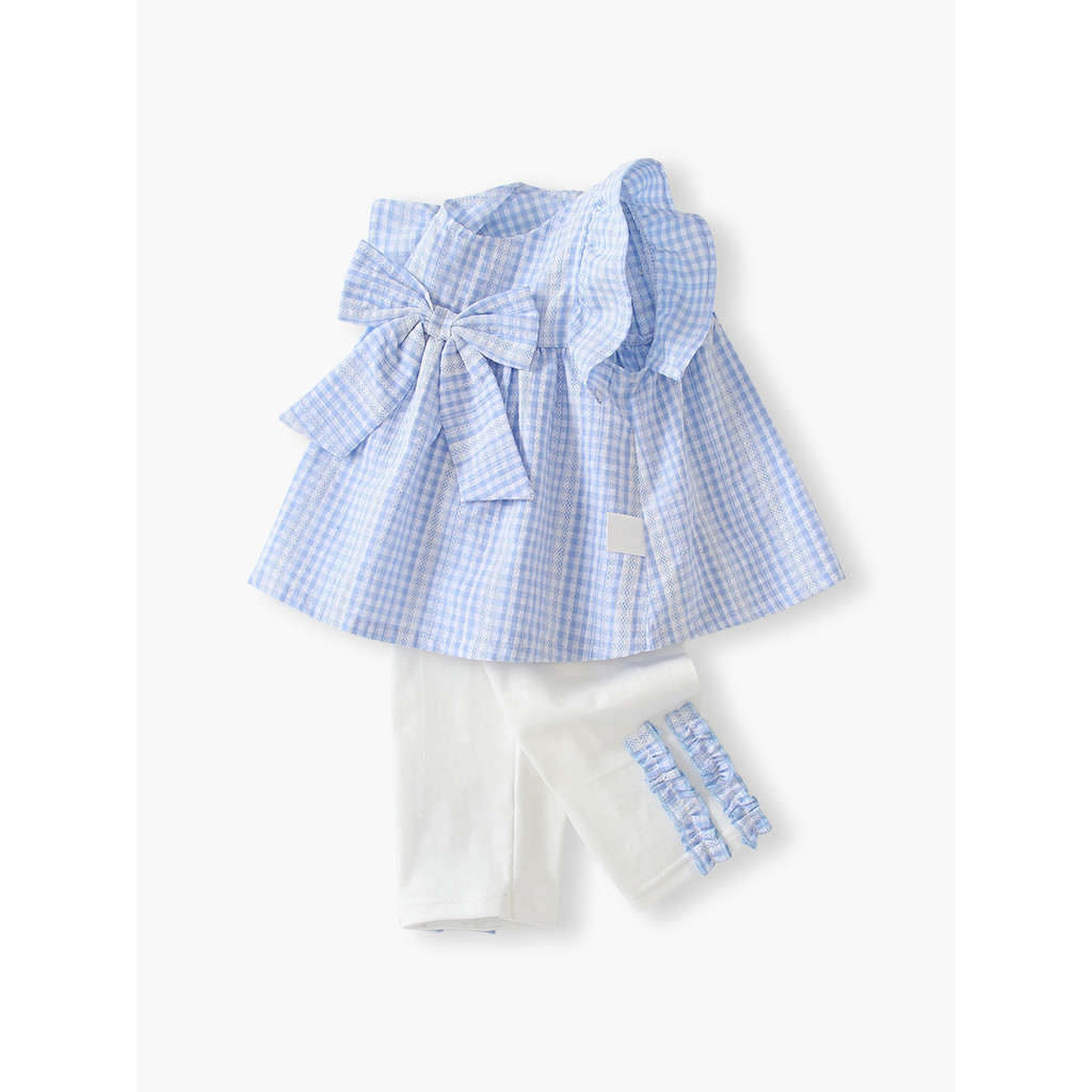 [Venda] Roupas doces para meninas, dois conjuntos de roupas infantis Pastoral azul xadrez Top roupas infantis [envio ráp