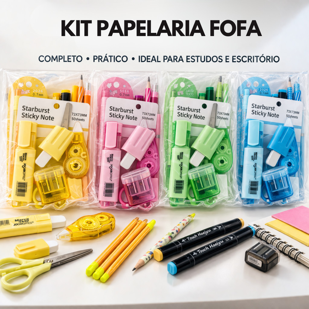 Kit Papelaria Fofa Completo Kawaii Escolar Criativos Fofos Presente Perfeito