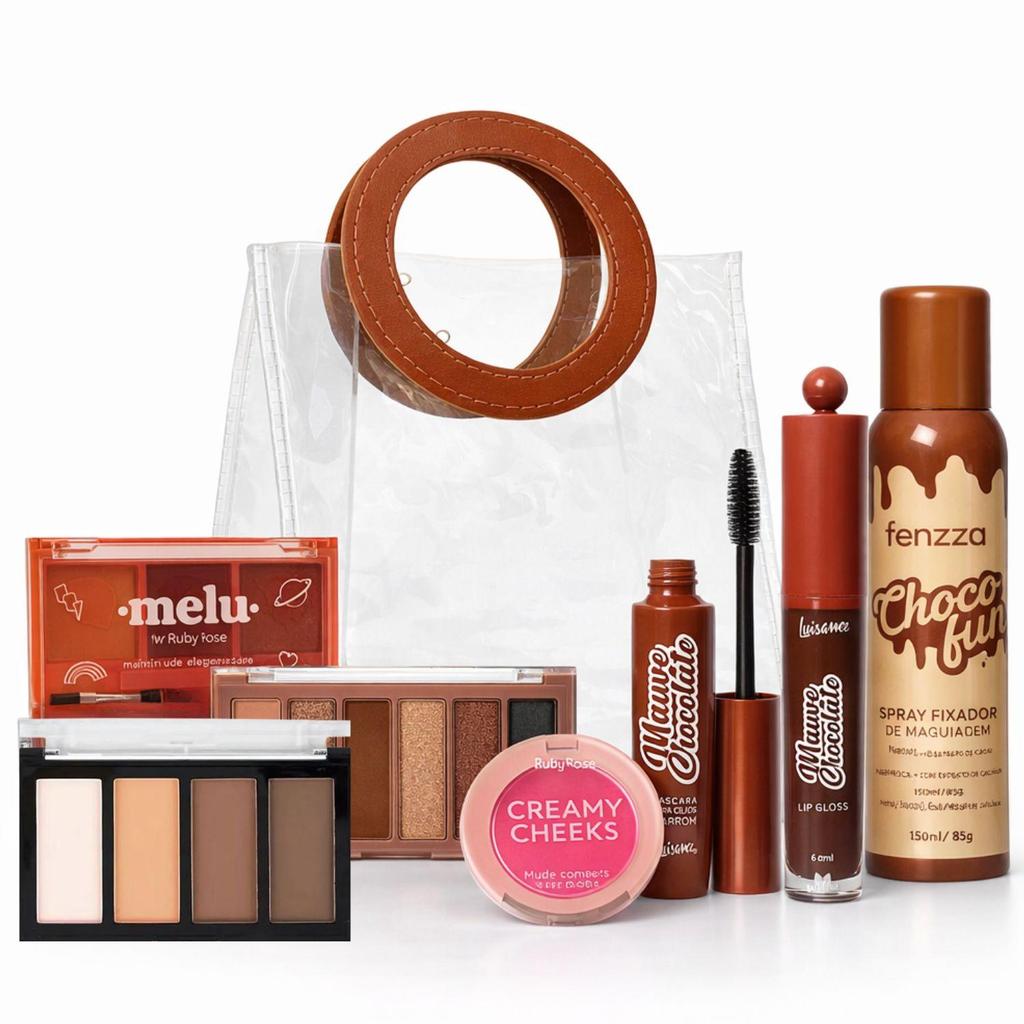 Kit Maquiagem e Sacola: Gloss, Blush, Máscara, Paleta, Sombras, Contorno e Fixador