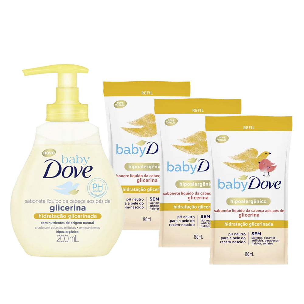 Kit Sabonete Líquido Baby Dove Hidratação Glicerinada 200ml + 3 Refil De 180ml cada em Oferta na Shopee