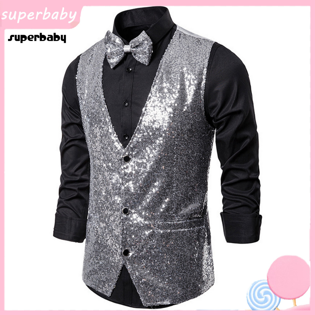 Sleek Men Sleeveless Jacket Polyester Suit Vest Men's Sequin Bow Tie Set Slim Fit Waistcoat Single-breasted V-neck Stage