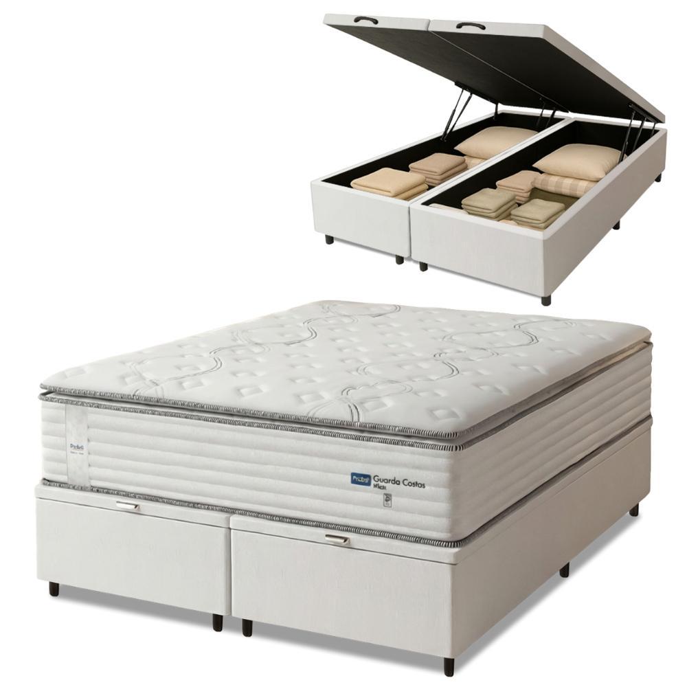 Cama Box Baú Casal Queen Colchão Molas Guarda Costas Com Pillow 158x198x81cm Branco/Cinza em Oferta na Shopee