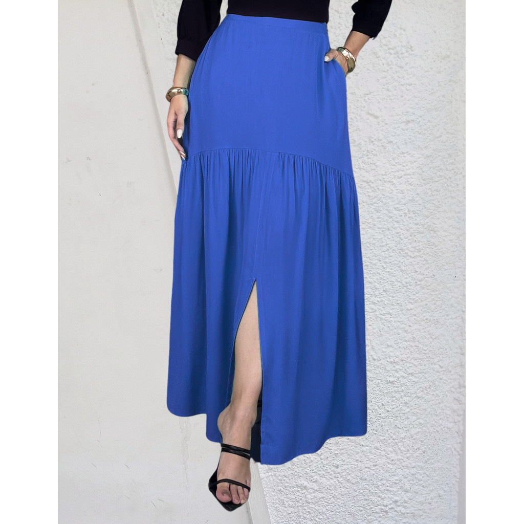 Saia Longa Em Viscolinho Fenda Na Frente E Bolsos Invisiveis em Oferta na Shopee