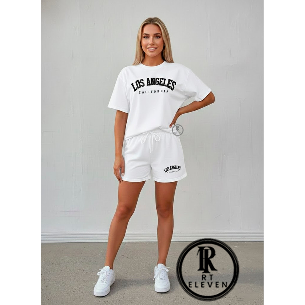 kit conjunto "FEMININO " Los Angeles  short moletom + blusinha 100% algodão feminina camiseta e shorts academia treino em Oferta na Shopee