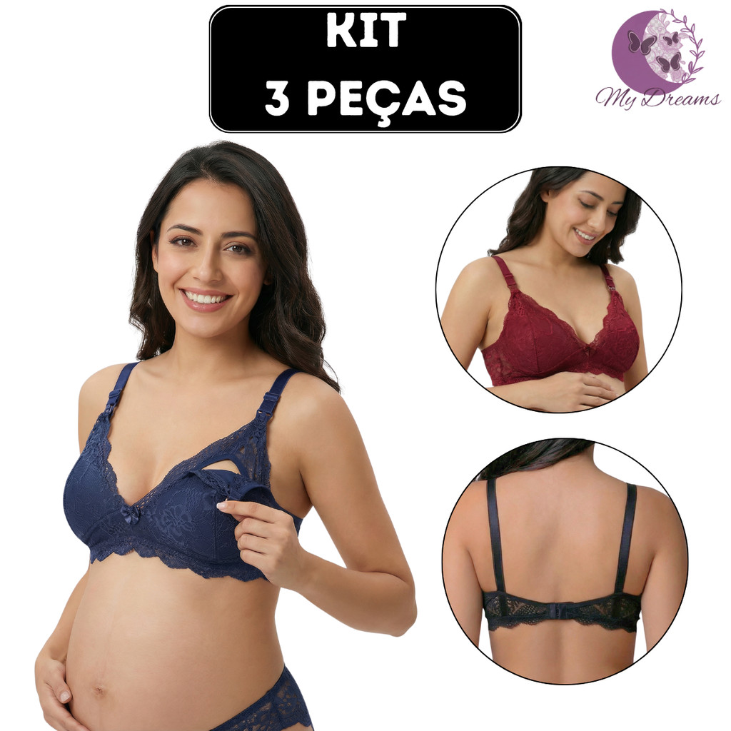Kit 3 Sutiãs Amamentação Renda Conforto Sem Bojo Alças Largas Pós-Parto