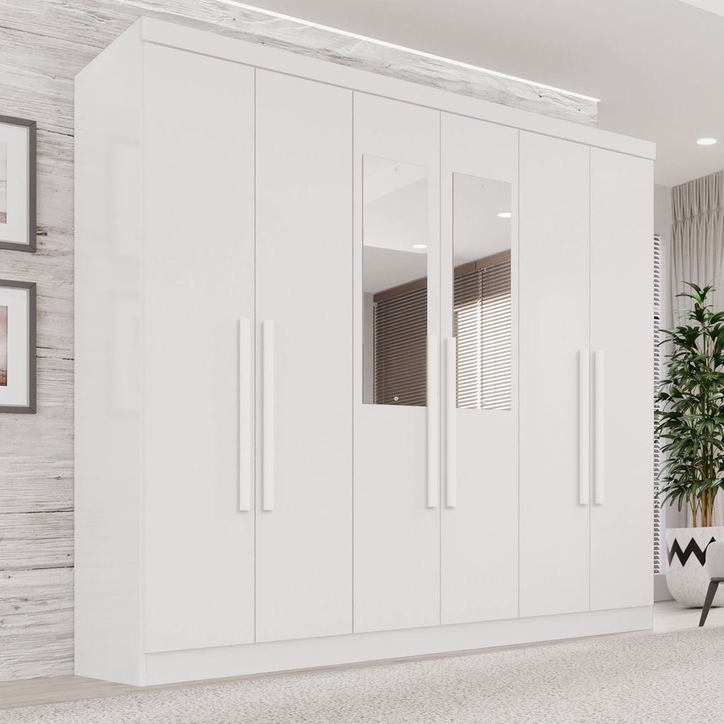 Guarda-Roupa Casal com Espelho 6 Portas 2 Gavetas França Branco em Oferta na Shopee