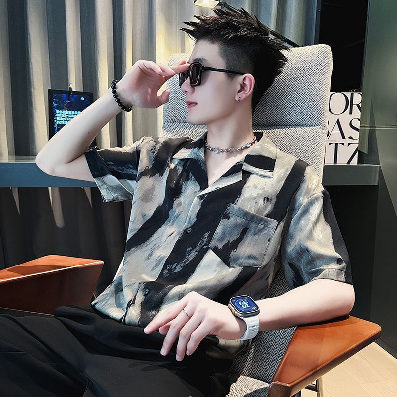 Camisa polo polo masculina de manga curta verão Tie-Dye camisa masculina de seda gelo camiseta masculina topo20260108