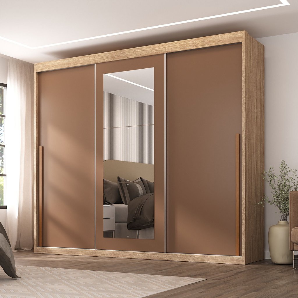 Guarda-roupa Casal 3 Portas de Correr e 6 Gavetas Spazio Cappuccino/Terracota em Oferta na Shopee