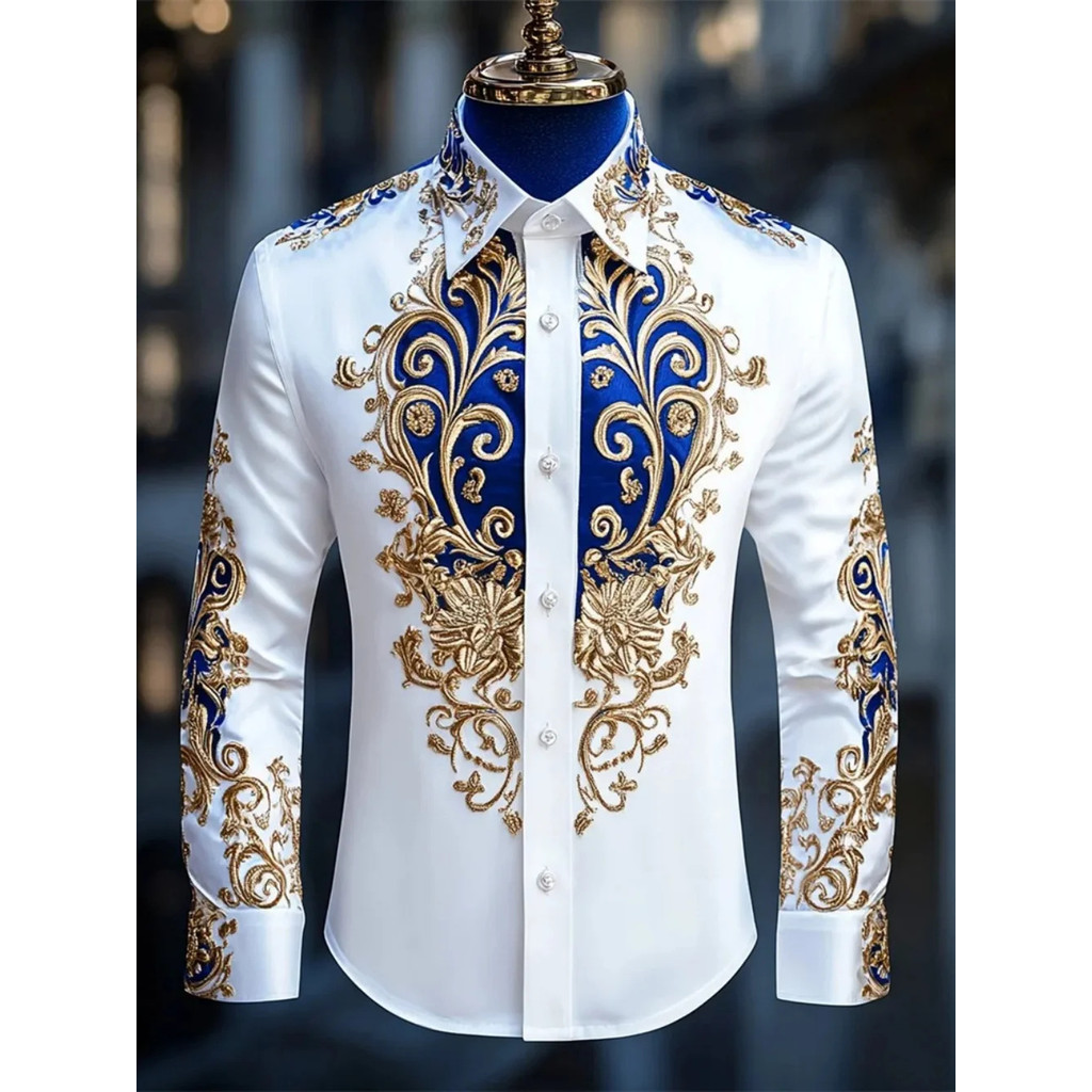 Camisa Masculina De Gola De Manga Comprida , Estampada Elegante , Festa Social , Tecido Macio , Confortável , Luxo , Alt