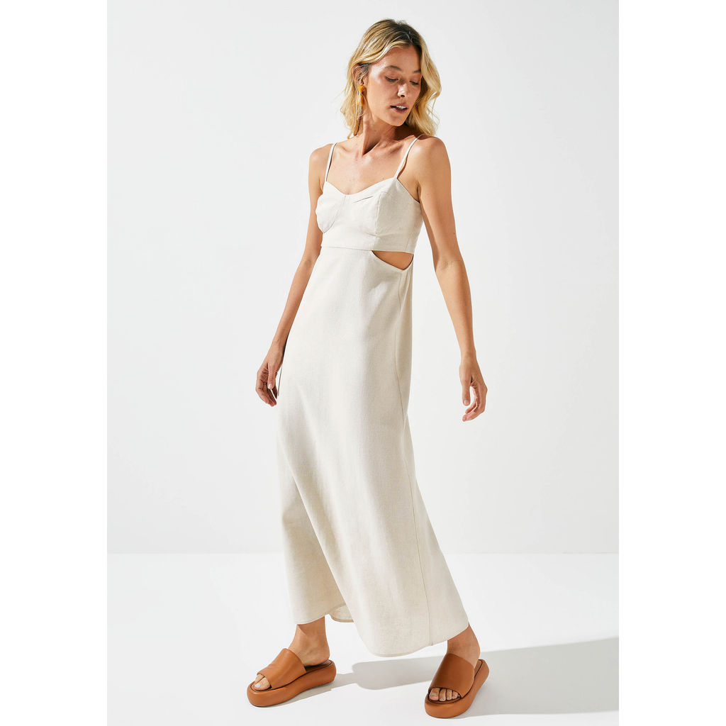 Vestido Midi Evasê Com Lastex Em Linho em Oferta na Shopee