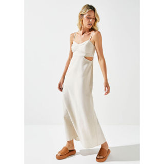 Vestido Midi Evasê Com Lastex Em Linho em Oferta na Shopee