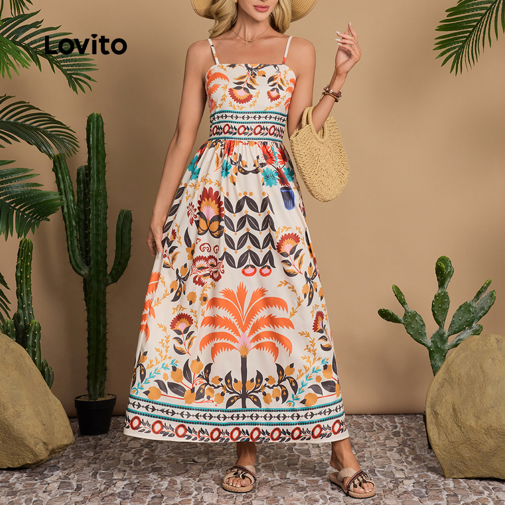 Lovito Vestido Longo Étnico Estampado Boho Linha Estruturada Primavera/Verão para Mulheres LBL32244 em Oferta na Shopee