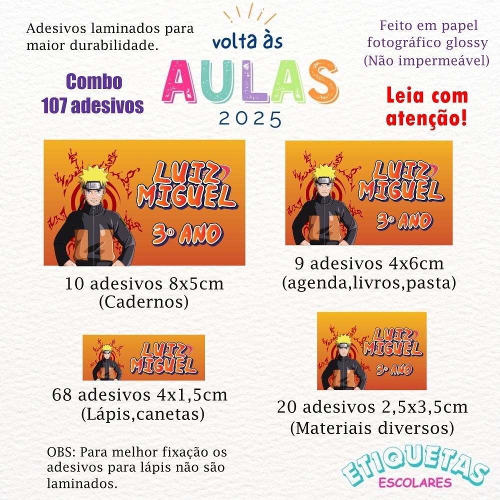 Kit 107 Etiquetas escolar Naruto personalizadas com nome/Etiquetas Naruto/ Adesivos naruto Volta as aulas