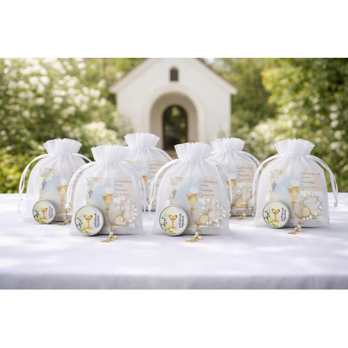 12 Lembrancinha Primeira Comunhão Porta Terço Mini Tercinho Saquinho Organza